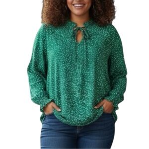 Adrianna Papell Green White Floral Boho Ruffle Tie Blouse Top 2X